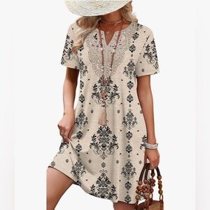 Boho Lace V-Neck Print Mini Dress Beige Black Summer Boutique Dress